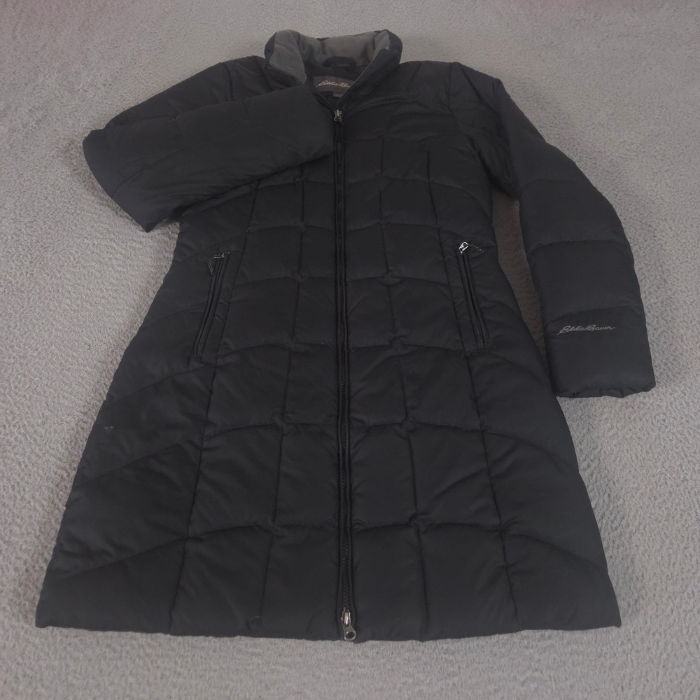 Eddie Bauer Jacket Womens S Black EB650 Down Quilted Long Puffer Coat Full Zip